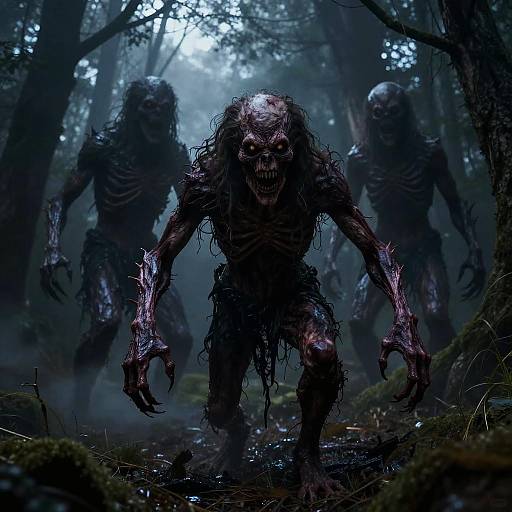 Photorealistic digital art: Three menacing, skeletal, zombie-like creatures with twisted, tattered skin and bloody claws emerge from a dark, foggy