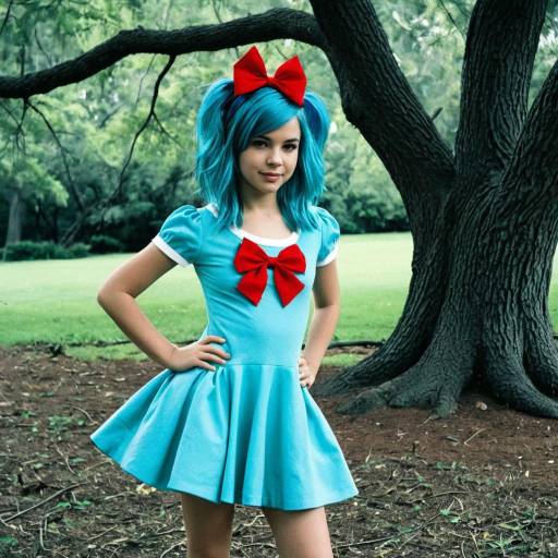 Girl in Blue Dress with Red Bows Outdoors