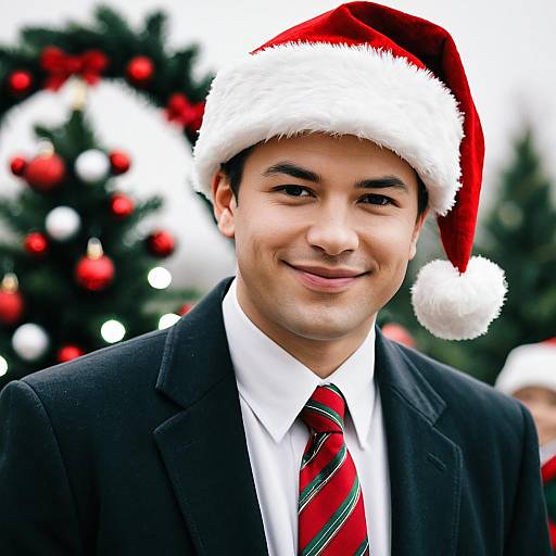 Smiling Man in Santa Hat and Christmas Tie