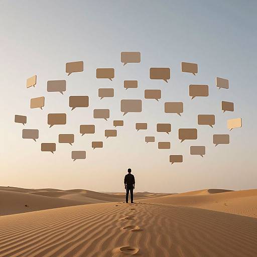 Silhouetted person stands on desert sand dunes, facing sky filled with floating speech bubbles, under a gradient sunset sky. Digital art.