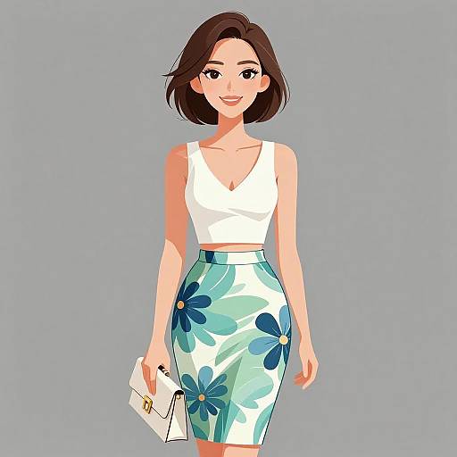 Digital illustration of a smiling woman with short brown hair, wearing a white crop top and blue floral skirt, holding a white envelope against a gray background.