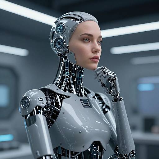Photorealistic CGI of a female humanoid robot with sleek, metallic silver body, intricate mechanical details, and human-like facial features, set in a futuristic