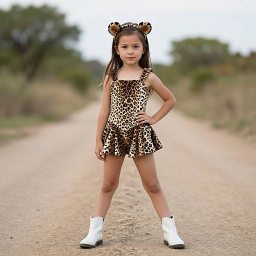 Photograph of a young girl standing confidently on a dirt road, wearing a leopard-print dress, matching headband with cat ears, and white cowboy boots