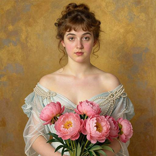 Painting of a young woman with fair skin, brown hair in an updo, wearing a pearl-embellished off-shoulder blue gown