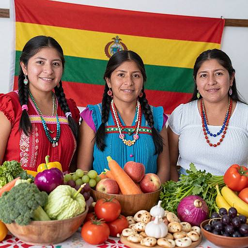 Photograph of three smiling Indian women in colorful traditional dresses, standing in front of a Bolivian flag, surrounded by fresh vegetables.