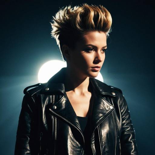 Woman with Pompadour Hairstyle in Leather Jacket