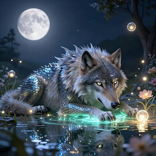Digital art: Glowing wolf with bioluminescent fur lies in a moonlit pond, surrounded by floating fireflies and flowers, under a bright