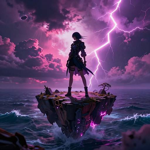 Digital art: Silhouetted warrior on floating rock, surrounded by purple lightning, pink clouds, and turbulent ocean, with a UFO in the sky