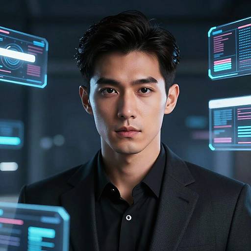 Photograph of a young Asian man with short black hair, wearing a black suit and shirt, looking serious, surrounded by glowing digital screens in a dark