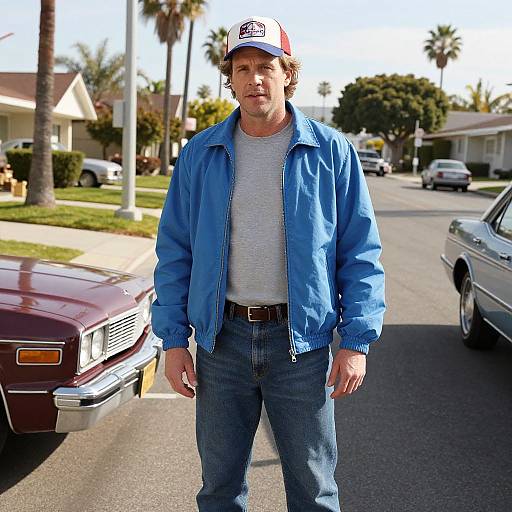 Photograph of a middle-aged white man with light brown hair wearing a blue jacket, white t-shirt, jeans, and red-white baseball cap, standing