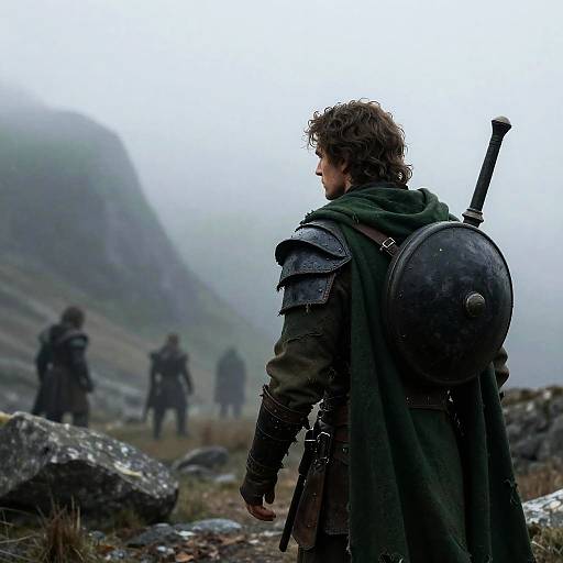 Mysterious Adventurer in Foggy Landscape