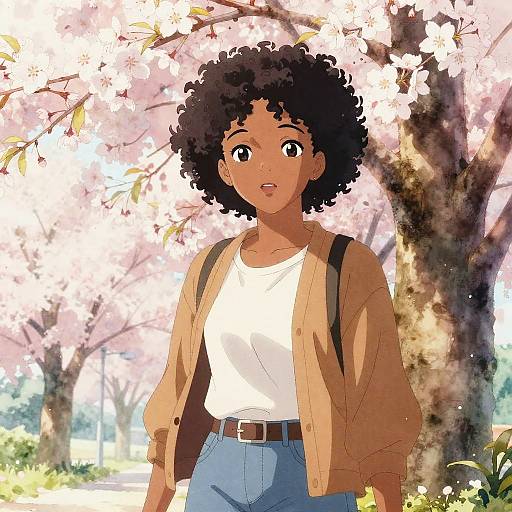Anime Black Woman in Cherry Blossoms