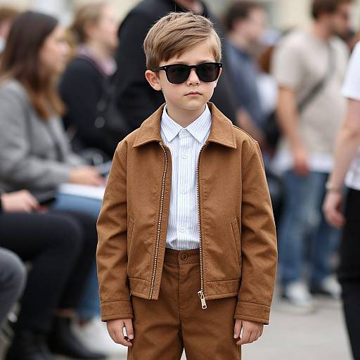 Photograph of a young boy with short brown hair, wearing black sunglasses, a brown corduroy jacket, white striped shirt, and brown pants,