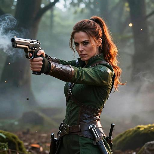 Cinematic Archer Woman in Misty Forest