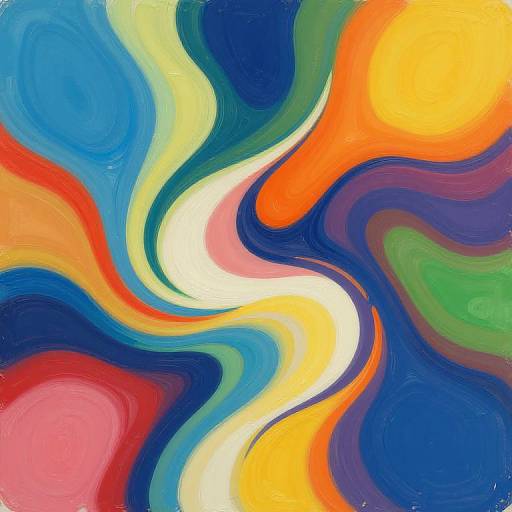 Vibrant abstract painting with swirling, wavy patterns in bold colors: blue, yellow, red, orange, green, pink, and white.
