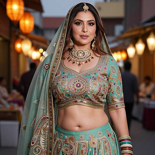 Photograph of a South Asian woman in an ornate turquoise traditional outfit with gold embroidery, veil, and jewelry, standing confidently in a warmly lit,