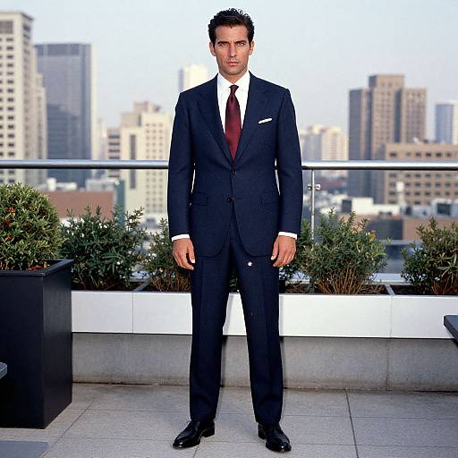 Photograph of a tall, handsome man with dark hair in a black suit, white shirt, and red tie, standing on a rooftop terrace with city