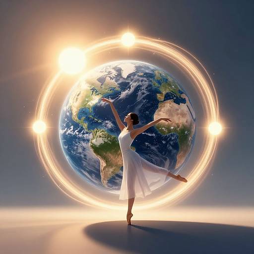 Photograph of a ballerina in a white dress, arms raised, dancing before a glowing, circular orbit around a vibrant Earth in space.