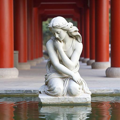 Photograph of a white marble statue of a serene, sad woman with flowing hair, kneeling by a reflective water pool, surrounded by vibrant red columns in