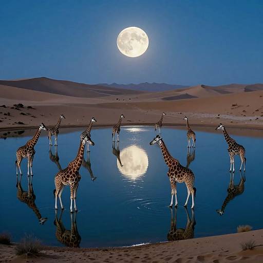Photograph of seven giraffes standing in a reflective desert oasis at night, under a bright full moon, with distant sand dunes.