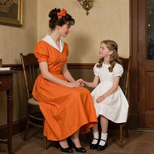 Photograph of a woman in an orange dress and white collar, sitting on a chair, holding hands with a young girl in a white dress, in