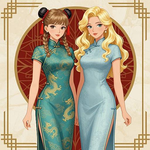Digital anime-style artwork of two women in traditional Chinese dresses; left with brown braided hair, right with blonde curls, both smiling.