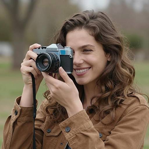 Smiling Woman with Vintage Camera Outdoors