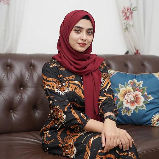 Young Woman in Red Hijab on Couch