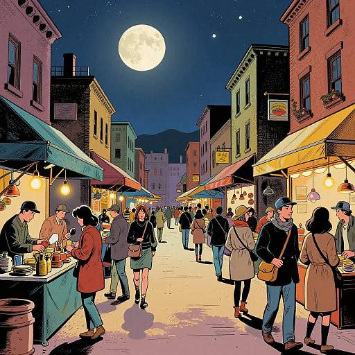 Vibrant Comic-Style Night Market Scene