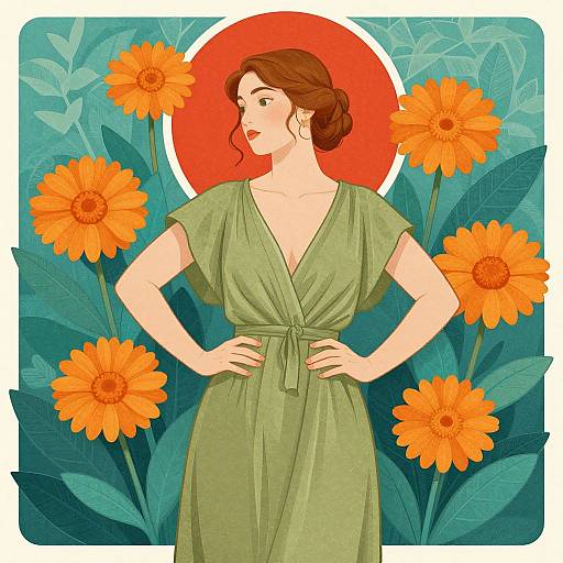 Digital illustration of a fair-skinned woman with brown hair in a bun, wearing a green wrap dress, standing confidently with hands on hips, surrounded by