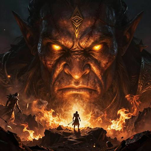 Digital art: Silhouetted warrior confronts giant, fiery-eyed demon with glowing orange eyes and intricate forehead symbol, amidst blazing flames and dark,