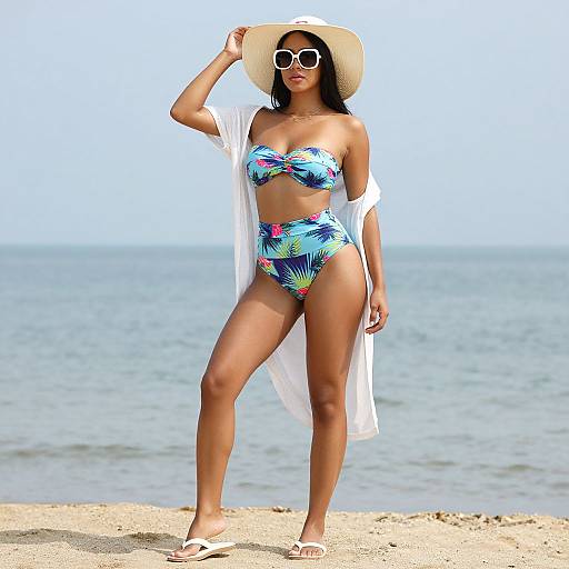 Photograph of a Black woman with dark skin, wearing a colorful tropical bikini, white open robe, sun hat, and white sunglasses, standing on a