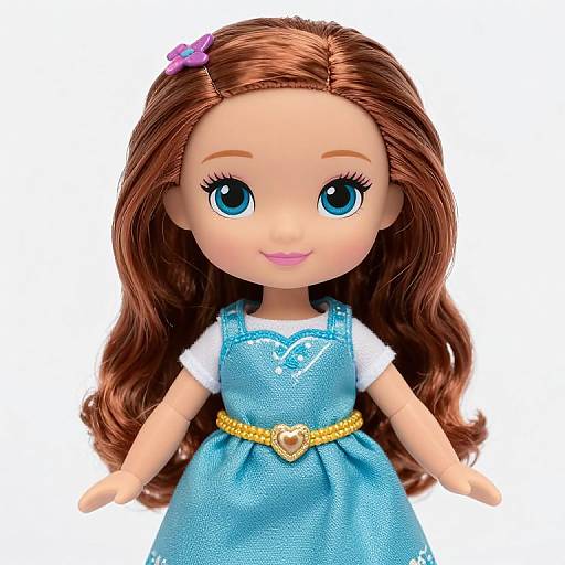Photograph of a Barbie doll with long brown hair, blue eyes, wearing a blue dress with white trim, white shirt, yellow belt, and purple