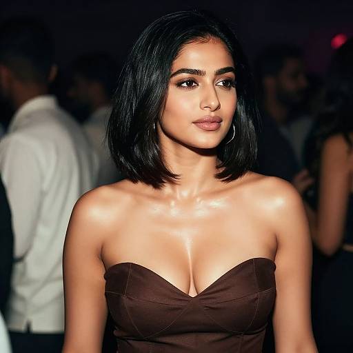 Photograph of a beautiful woman with medium skin tone, black shoulder-length hair, wearing a strapless brown dress, hoop earrings, and a confident expression