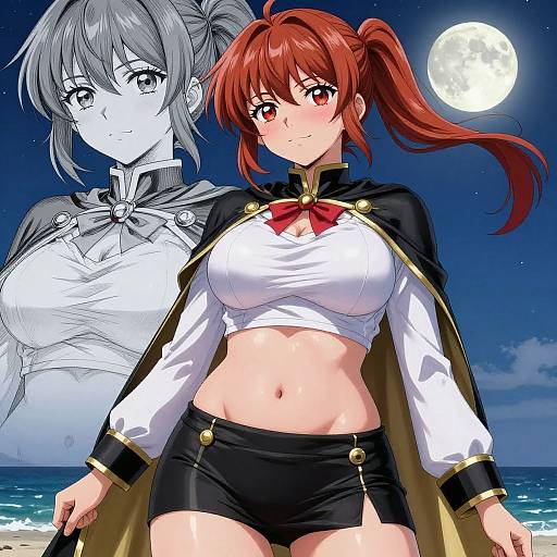 Anime-style digital drawing of a red-haired girl with large breasts, white crop top, black shorts, cape, under a full moon. Monochrome sketch