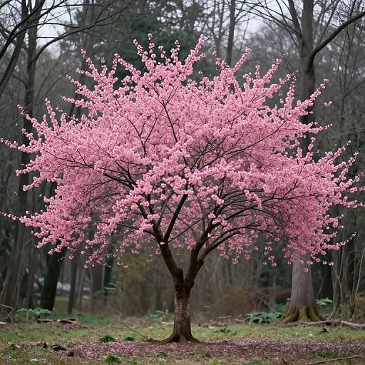 Photograph of a vibrant pink cherry blossom tree in full bloom, standing alone in a forest with bare, dark trees in the background.