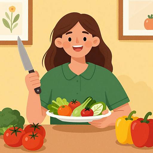 Cartoon illustration of a smiling woman with long brown hair, green shirt, holding knife, and plate of vegetables, surrounded by tomatoes, broccoli, bell