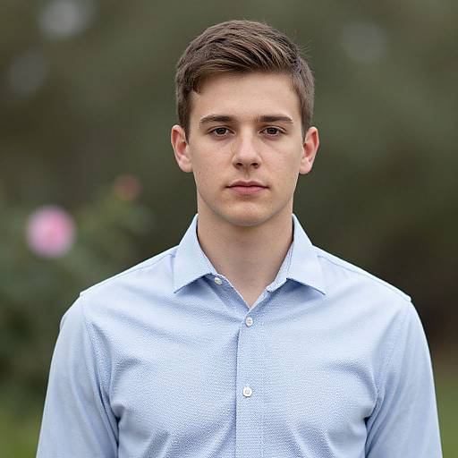 Photograph of a young Caucasian man with short brown hair, wearing a light blue, button-up shirt, standing against a blurred green and pink outdoor background