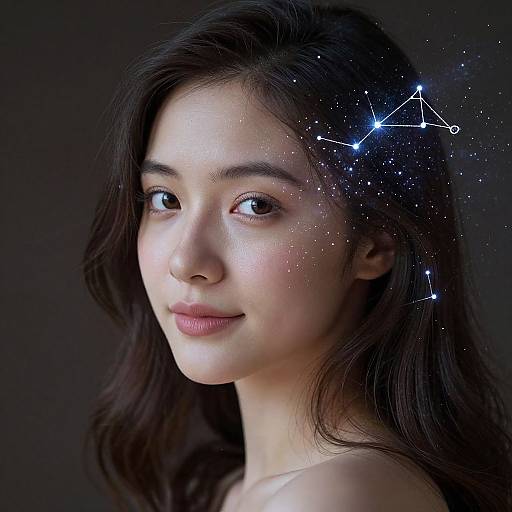 Photograph of a young Asian woman with fair skin, dark wavy hair, and a subtle smile, surrounded by a starry constellation on her right