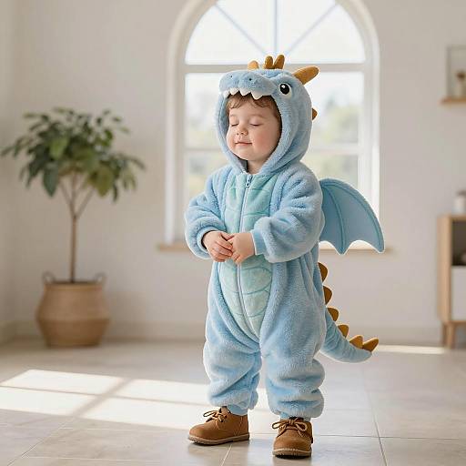 Toddler in Blue Dragon Onesie Costume Indoors