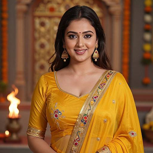 Photograph of a smiling Indian woman with medium skin tone, long dark hair, wearing a yellow embroidered saree with gold and red details, traditional earrings