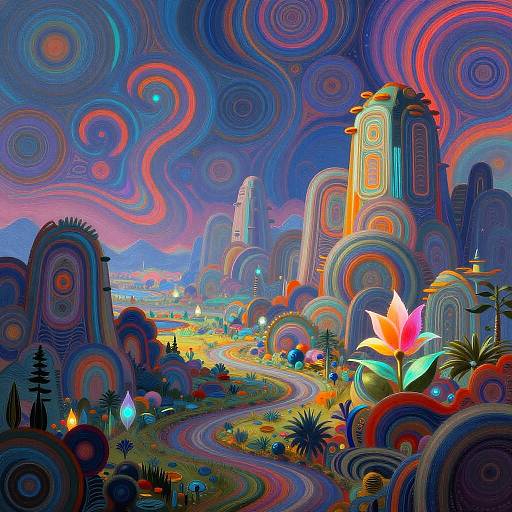 Vibrant, psychedelic digital artwork of a surreal landscape with swirling, colorful patterns, glowing flowers, winding path, and towering, abstract structures under a