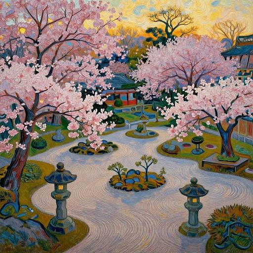Digital painting of a serene Japanese garden at sunset, featuring cherry blossom trees, a winding stone pathway, lanterns, and traditional wooden structures.