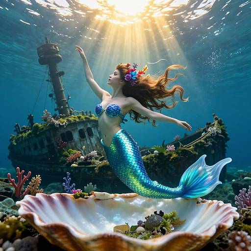 Photograph of a mermaid with blue shimmering scales, red flower crown, and flowing brown hair, dancing underwater near a sunlit, sunken