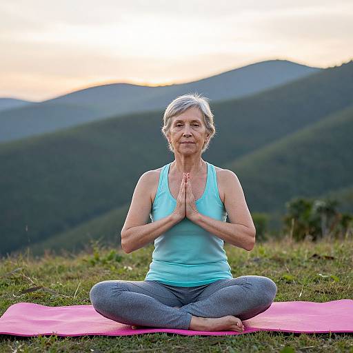 Photograph of an elderly woman with short gray hair, wearing a light blue tank top and gray pants, meditating in lotus position on a pink