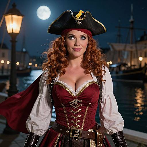 Photograph of a curly red-haired woman in a pirate outfit with a tricorn hat, low-cut maroon corset, white sleeves, moonlit