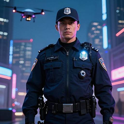 Photograph of a serious male police officer in a neon-lit city night, wearing a dark uniform with badges, standing in front of a hovering drone