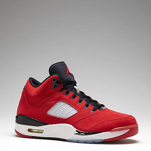 Photograph of a vibrant red high-top sneaker with black laces, white diamond-patterned side panels, black heel tab, and white midsole