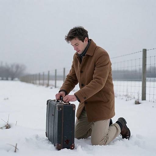 Kneeling Man with Bloodied Suitcase in Snow
