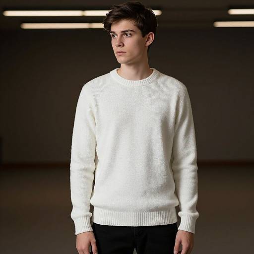Photograph of a young Caucasian man with short dark hair, wearing a white knitted sweater and black pants, standing against a dark, minimalistic background